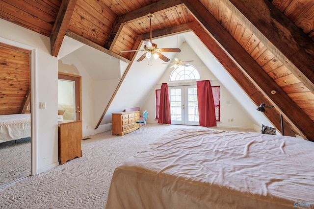 carpeted bedroom featuring vaulted ceiling with beams, wooden ceiling, ceiling fan, and french doors