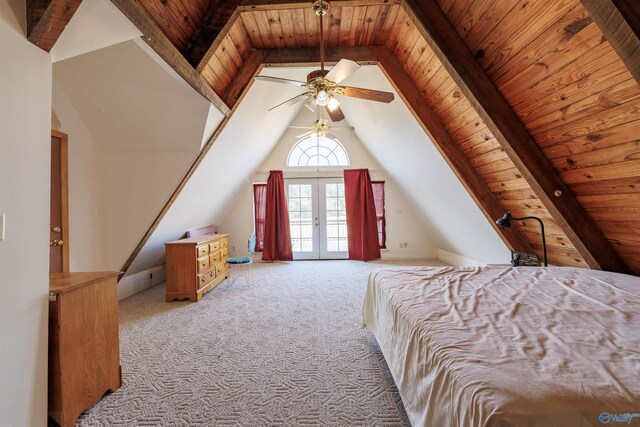 carpeted bedroom with wood ceiling, french doors, ceiling fan, and vaulted ceiling