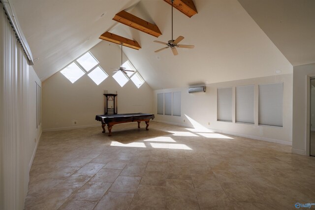 additional living space with ceiling fan, high vaulted ceiling, beam ceiling, pool table, and an AC wall unit