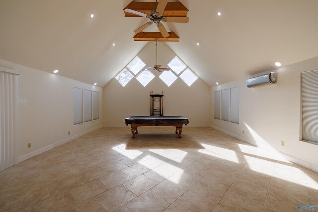 playroom with a wall mounted AC, light tile patterned floors, high vaulted ceiling, ceiling fan, and billiards