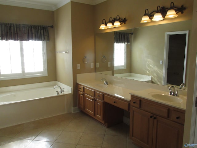 bathroom featuring crown molding, a washtub, tile patterned floors, and vanity