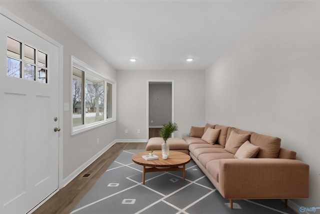 living room with dark wood-type flooring