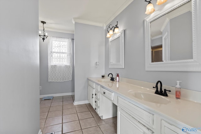 full bathroom with tile patterned floors, a sink, crown molding, double vanity, and baseboards