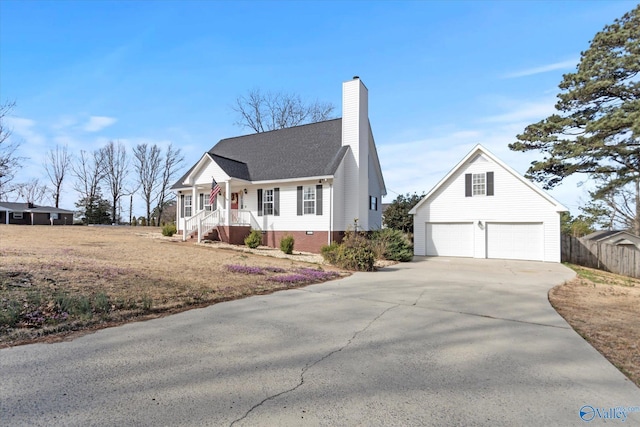 view of front of property featuring fence, roof with shingles, a chimney, concrete driveway, and crawl space