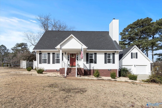 view of front facade with a garage, fence, a shingled roof, crawl space, and a chimney