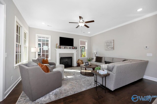 living area featuring crown molding, baseboards, dark wood-style flooring, and recessed lighting