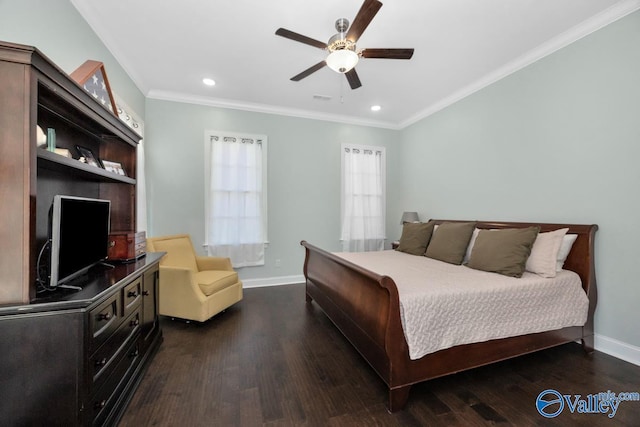 bedroom with dark wood-style floors, recessed lighting, ornamental molding, and baseboards