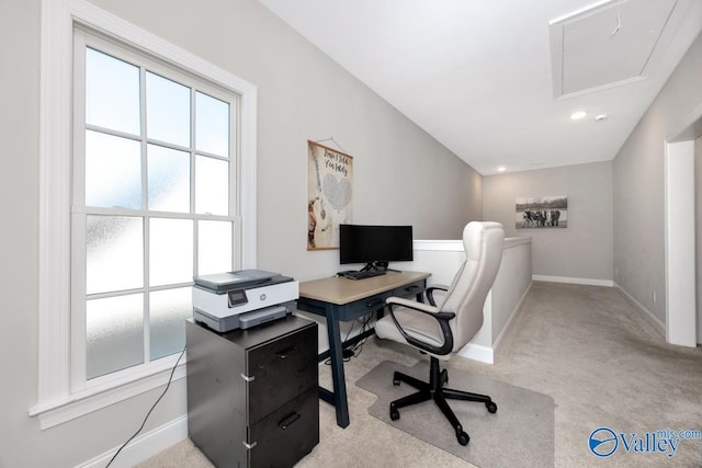 home office featuring recessed lighting, attic access, light colored carpet, and baseboards