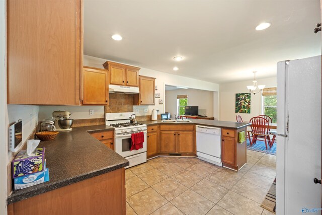 970 County Road 454, Centre, AL 35960 - kitchen featuring dark countertops, white appliances, a healthy amount of sunlight, a peninsula, and under cabinet range hood
