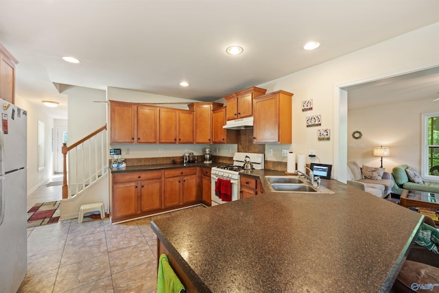 970 County Road 454, Centre, AL 35960 - kitchen featuring dark countertops, a sink, white appliances, a peninsula, and under cabinet range hood