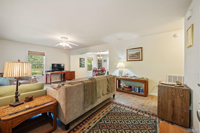 970 County Road 454, Centre, AL 35960 - living room with visible vents, baseboards, and ceiling fan