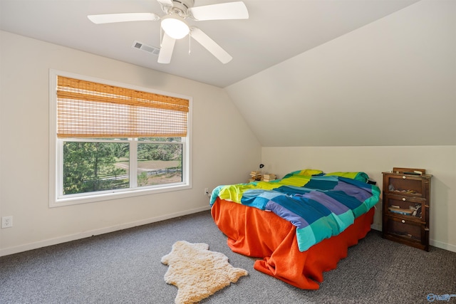970 County Road 454, Centre, AL 35960 - bedroom with vaulted ceiling, a ceiling fan, baseboards, carpet flooring, and visible vents