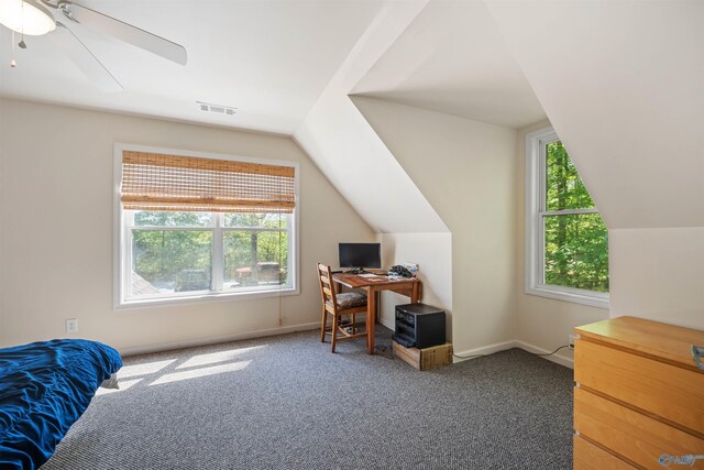 970 County Road 454, Centre, AL 35960 - office featuring carpet, vaulted ceiling, visible vents, baseboards, and ceiling fan