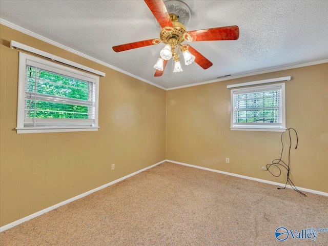 201 10th Ave NW, Decatur, AL 35601 - carpeted spare room with baseboards, ornamental molding, ceiling fan, and a textured ceiling