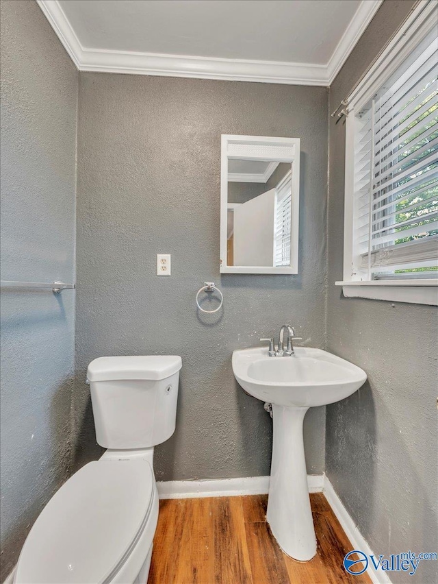 201 10th Ave NW, Decatur, AL 35601 - bathroom featuring crown molding, wood finished floors, toilet, and baseboards
