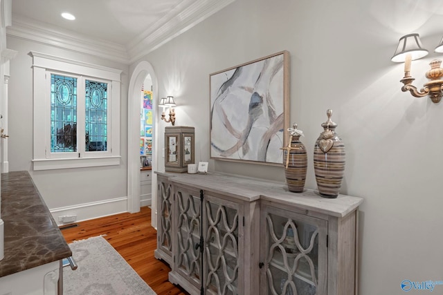 19 Ledges Main SE, Huntsville, AL 35802 - hall with ornamental molding, arched walkways, wood finished floors, recessed lighting, and baseboards
