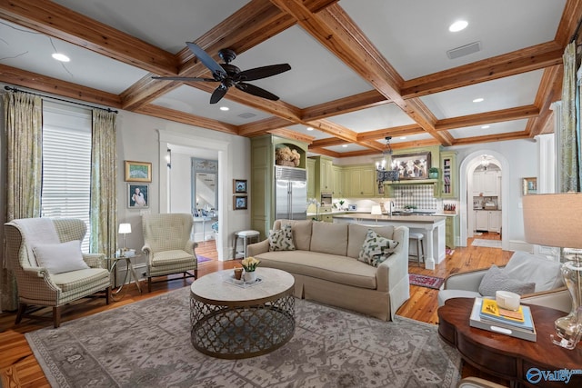 19 Ledges Main SE, Huntsville, AL 35802 - living area with coffered ceiling, ceiling fan, beam ceiling, a chandelier, and light wood-style floors