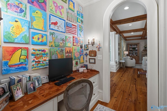 19 Ledges Main SE, Huntsville, AL 35802 - home office with arched walkways, built in study area, coffered ceiling, beam ceiling, and wood finished floors