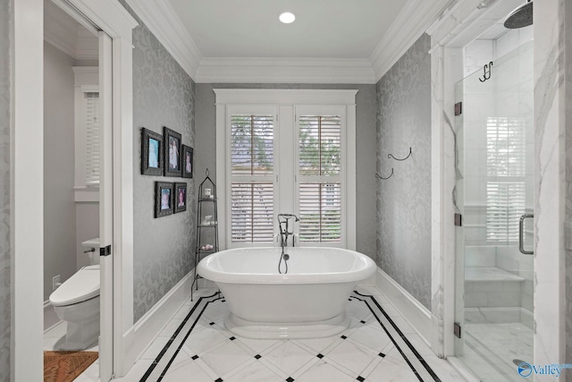 19 Ledges Main SE, Huntsville, AL 35802 - bathroom featuring inlaid floor details, baseboards, a shower stall, crown molding, and recessed lighting