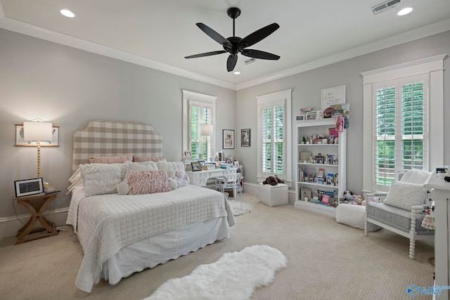 19 Ledges Main SE, Huntsville, AL 35802 - bedroom with carpet flooring, recessed lighting, ornamental molding, a ceiling fan, and baseboards