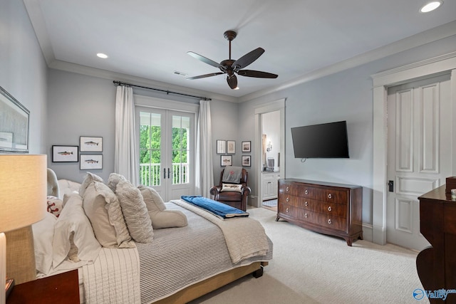 19 Ledges Main SE, Huntsville, AL 35802 - carpeted bedroom with access to exterior, recessed lighting, crown molding, a ceiling fan, and ensuite bath