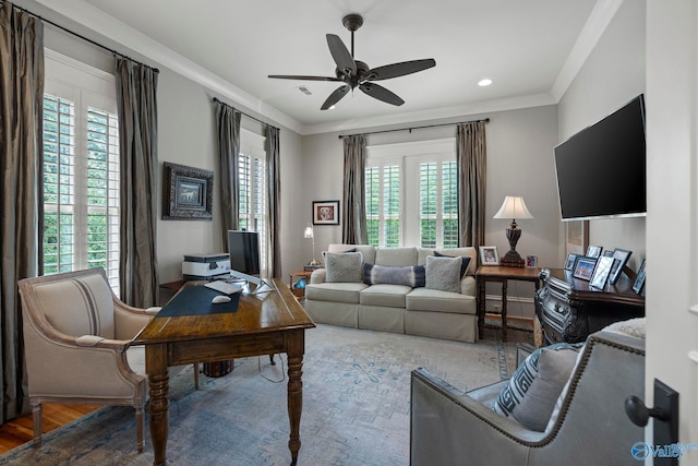 19 Ledges Main SE, Huntsville, AL 35802 - office area with healthy amount of natural light, ceiling fan, ornamental molding, and recessed lighting