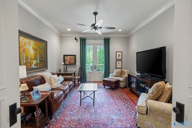 19 Ledges Main SE, Huntsville, AL 35802 - living area with ceiling fan, crown molding, wood finished floors, recessed lighting, and french doors