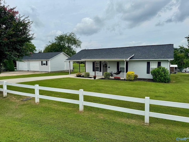 28035 Holland Gin Rd, Elkmont, AL 35620 - ranch-style home with a porch, driveway, a shingled roof, a garage, and an outdoor structure