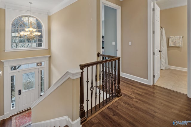 entryway featuring an inviting chandelier, crown molding, and dark wood-type flooring