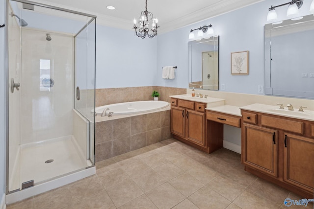 bathroom with vanity, tile patterned flooring, crown molding, and shower with separate bathtub