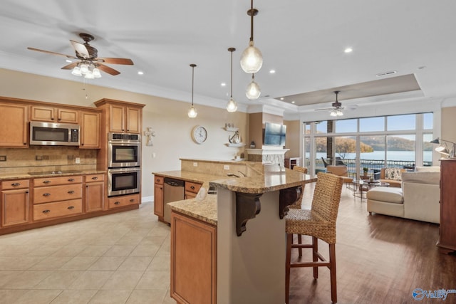 kitchen with hanging light fixtures, stainless steel appliances, a tray ceiling, light stone countertops, and a kitchen bar