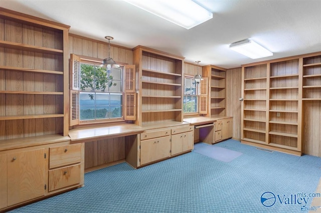 unfurnished office featuring light colored carpet and built in desk