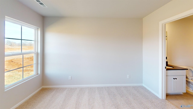 unfurnished room with a wealth of natural light and light colored carpet