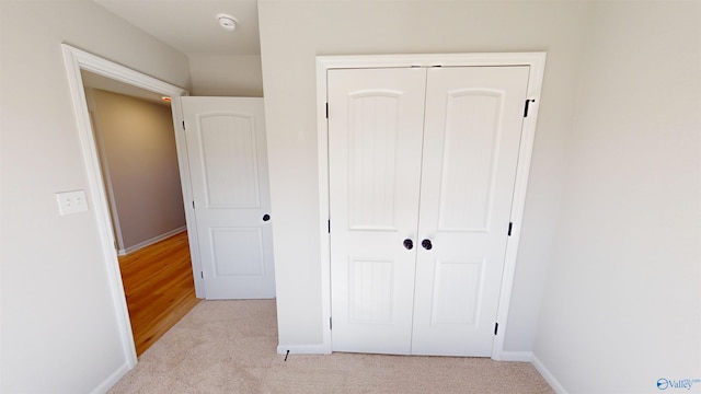 interior space featuring light carpet and a closet