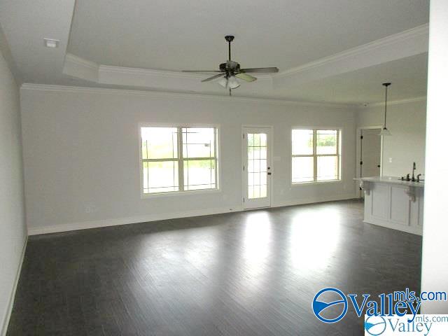 unfurnished living room featuring crown molding, dark hardwood / wood-style flooring, and a tray ceiling