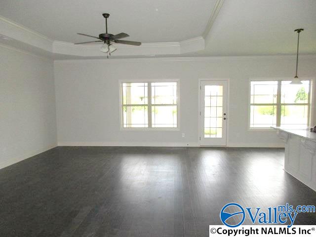 spare room with ornamental molding, ceiling fan, dark hardwood / wood-style flooring, and a tray ceiling