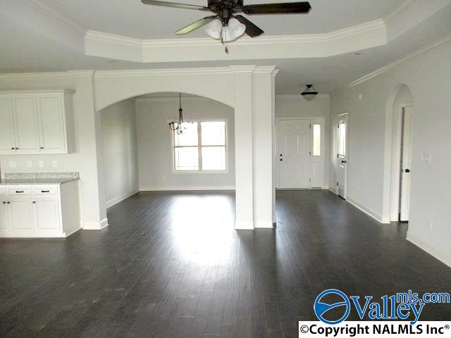 unfurnished living room featuring crown molding, a tray ceiling, dark wood-type flooring, and ceiling fan with notable chandelier