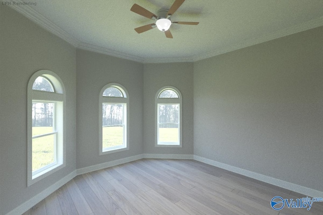 spare room featuring ceiling fan, crown molding, and light hardwood / wood-style floors