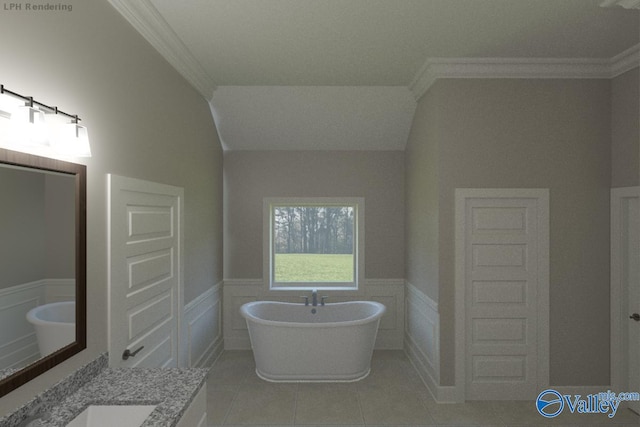 bathroom with a bath, ornamental molding, vanity, and tile patterned flooring