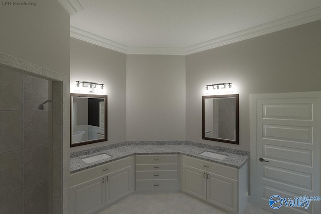 bathroom with tile patterned flooring, crown molding, and vanity