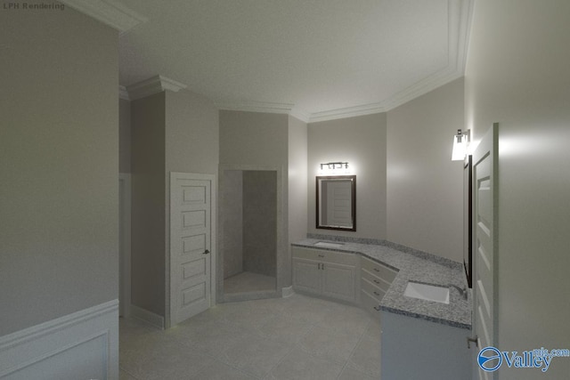 bathroom with walk in shower, vanity, tile patterned flooring, and ornamental molding