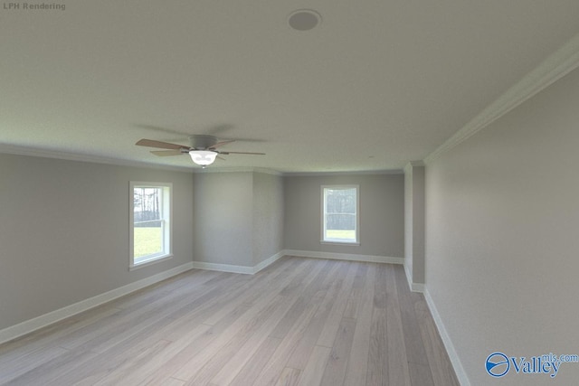 empty room featuring ceiling fan, light hardwood / wood-style flooring, and ornamental molding