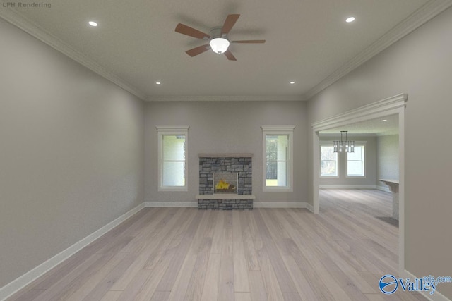 unfurnished living room with crown molding, a fireplace, ceiling fan with notable chandelier, and light hardwood / wood-style floors