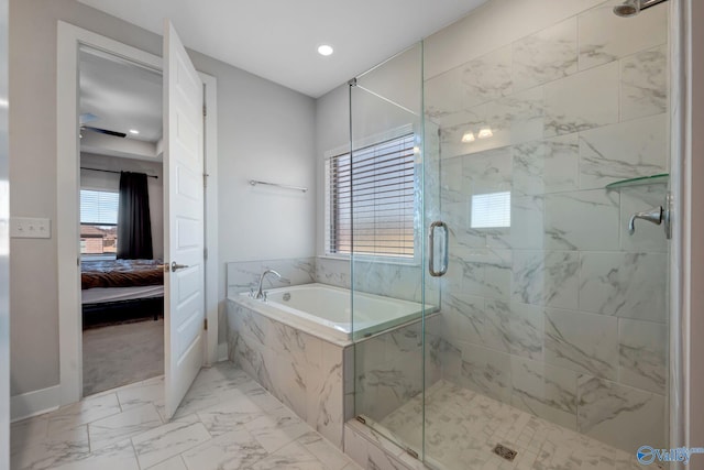 bathroom featuring marble finish floor, recessed lighting, ensuite bathroom, a stall shower, and a bath