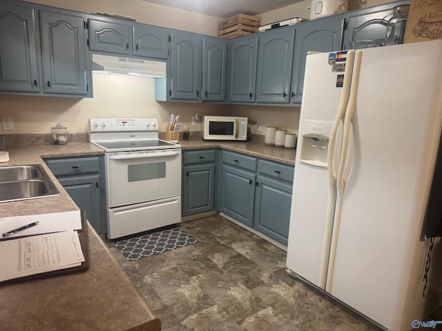 kitchen with blue cabinets, white appliances, a sink, and under cabinet range hood