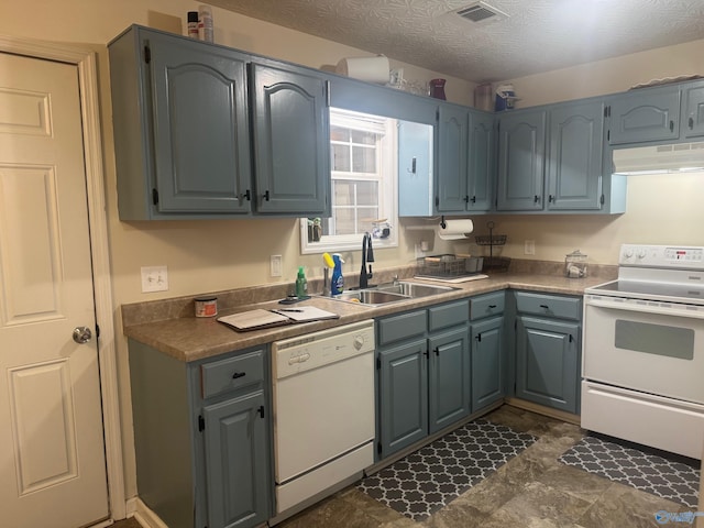 kitchen with a textured ceiling, under cabinet range hood, white appliances, a sink, and visible vents