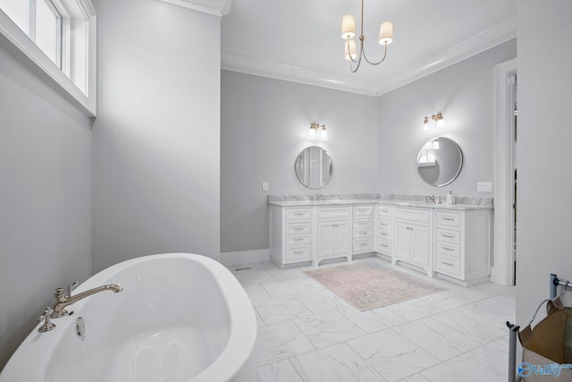 full bathroom with double vanity, a freestanding bath, marble finish floor, and crown molding