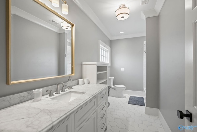 bathroom featuring baseboards, visible vents, ornamental molding, tile patterned floors, and toilet