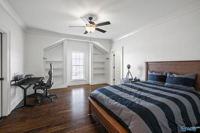 bedroom featuring ornamental molding, ceiling fan, baseboards, and wood finished floors