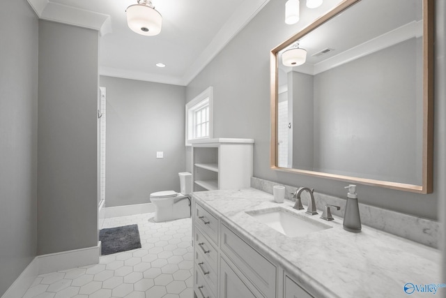 full bath featuring visible vents, toilet, crown molding, tile patterned flooring, and vanity